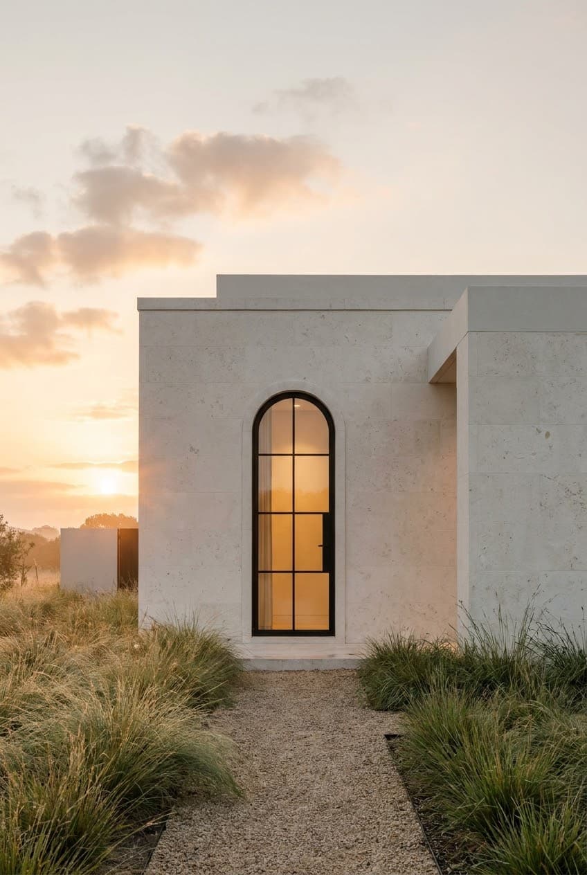 Modern home with floor-to-ceiling slim aluminum sliding doors opening to a stone-paved pool terrace, warm late-afternoon light