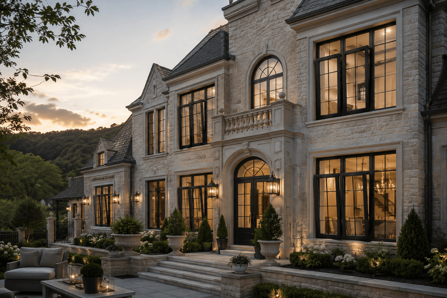 Stone heritage home at dusk with multiple arched aluminum windows lit warm. Reference rendering, pending project photography.