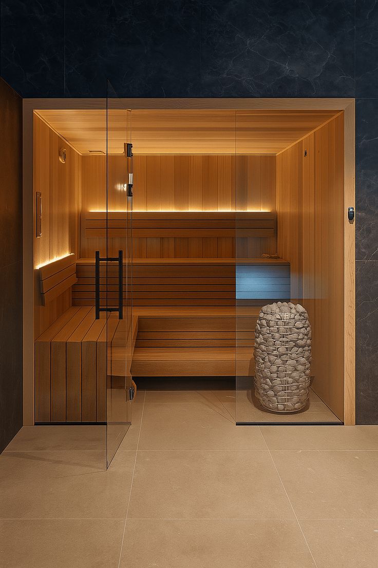 Glass-fronted cedar sauna in a dark stone-tiled room with a stacked-stone heater