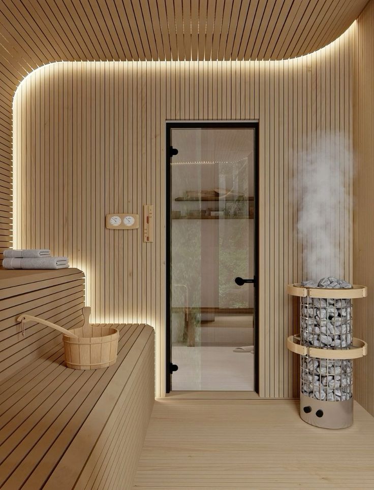 Löyly steam rising off the stones in a cedar sauna
