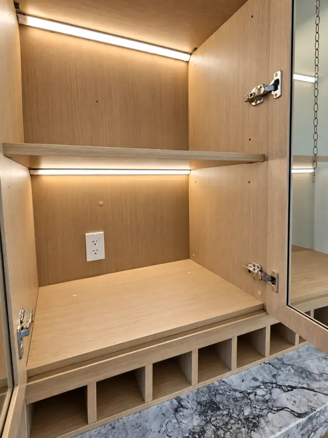 Kitchen: Coffee bar upper open: LED, hinge, bottle cubbies