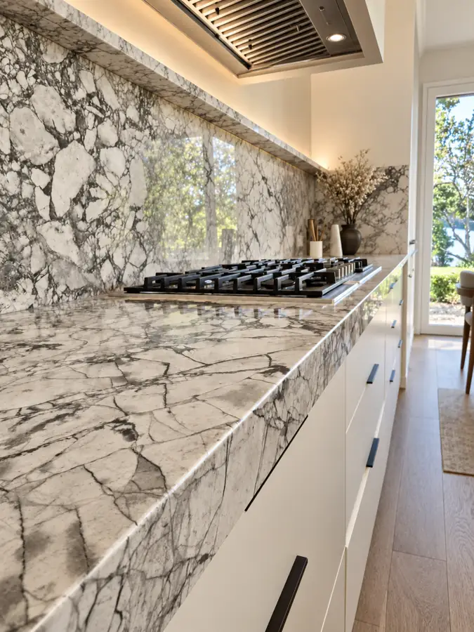 Kitchen: Counter meeting the full-height backsplash