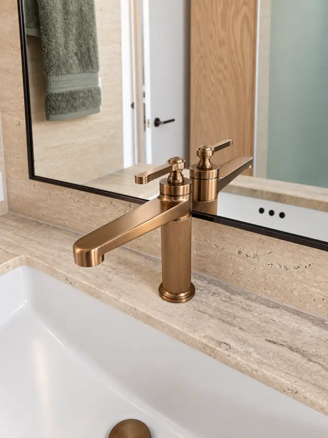 Bathrooms: Lavatory faucet, rose gold, travertine counter