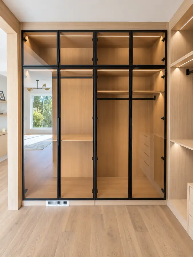 Master suite: Walk-in, tea-glass doors closed, lit