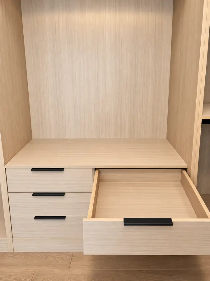 Master suite: Walk-in drawer open, undermount runner