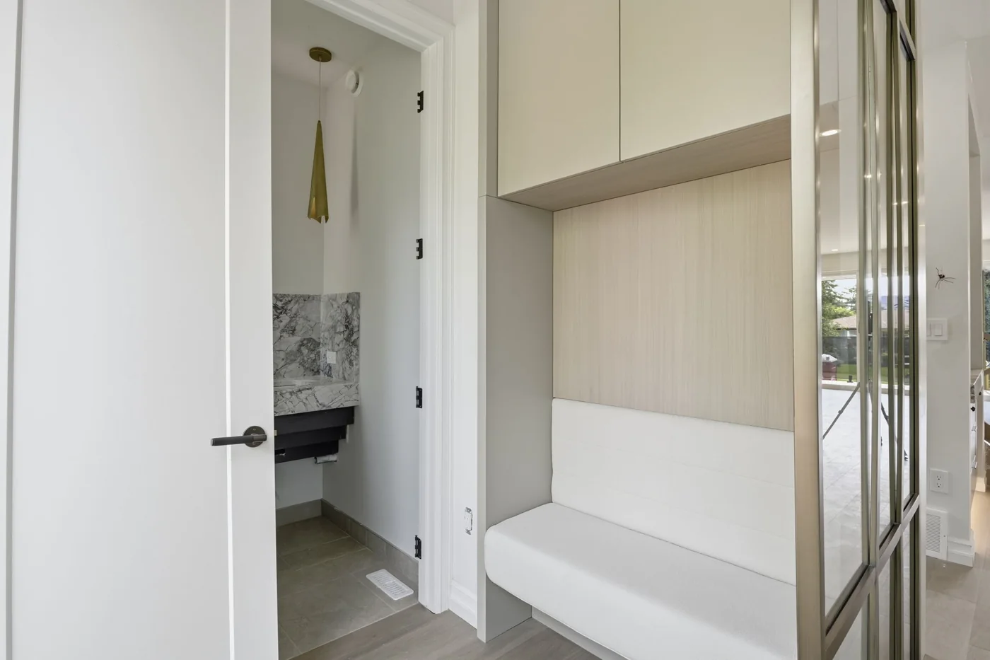 Mudroom bench and lockers installed
