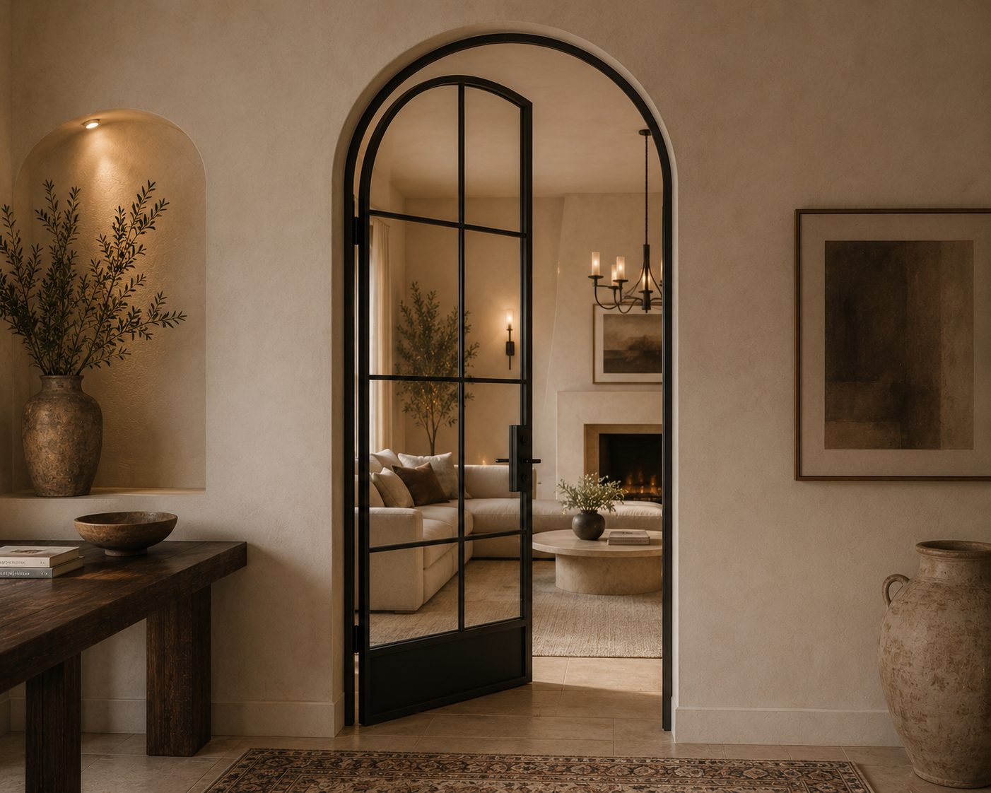 Arched black-framed steel and glass door opening to a warm living room