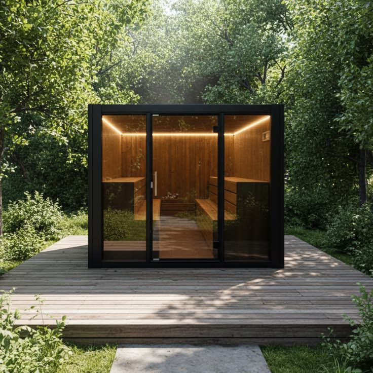 Outdoor sauna cabin in a landscaped setting