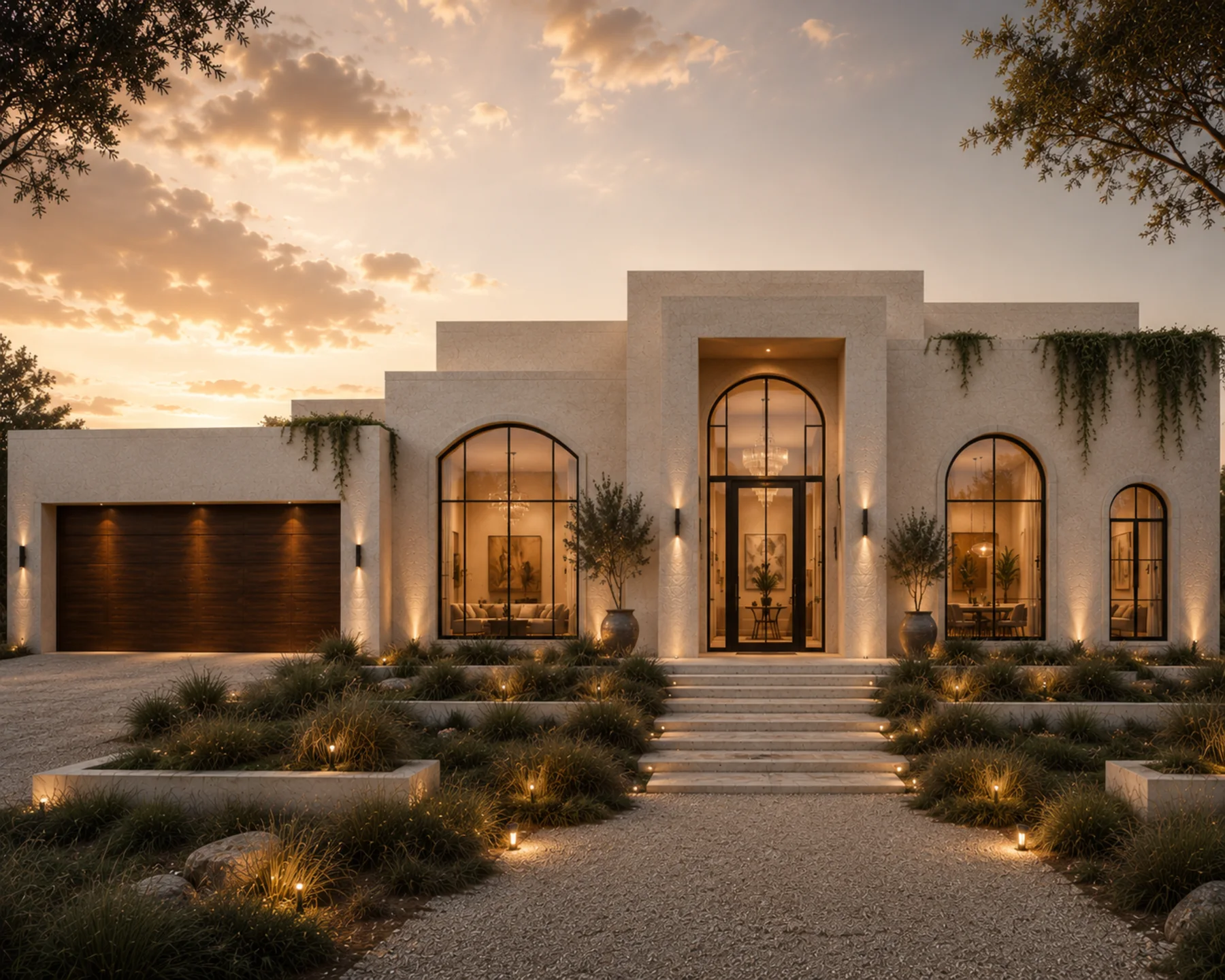 Contemporary stucco estate at dusk with arched black thermally broken aluminum windows and a steel-frame glass entry door, warm landscape lighting