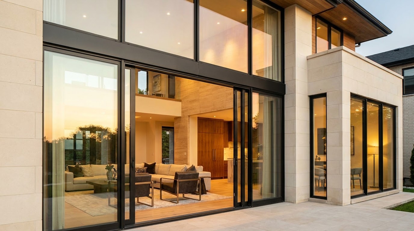 Modern home exterior with floor-to-ceiling aluminum glazing at dusk. reference rendering, pending project photography