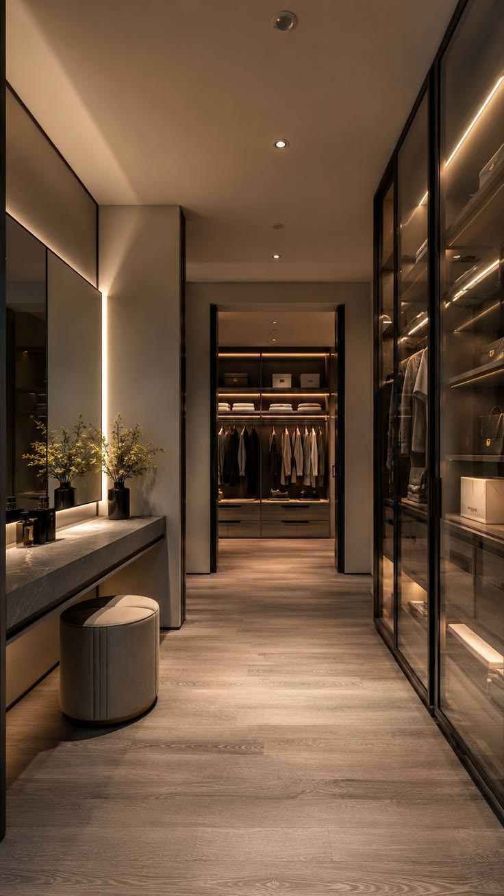 Sliding mirror closet doors in a walk-in dressing room