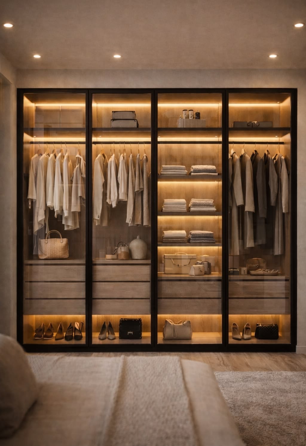 Closet display case with glass-front drawers