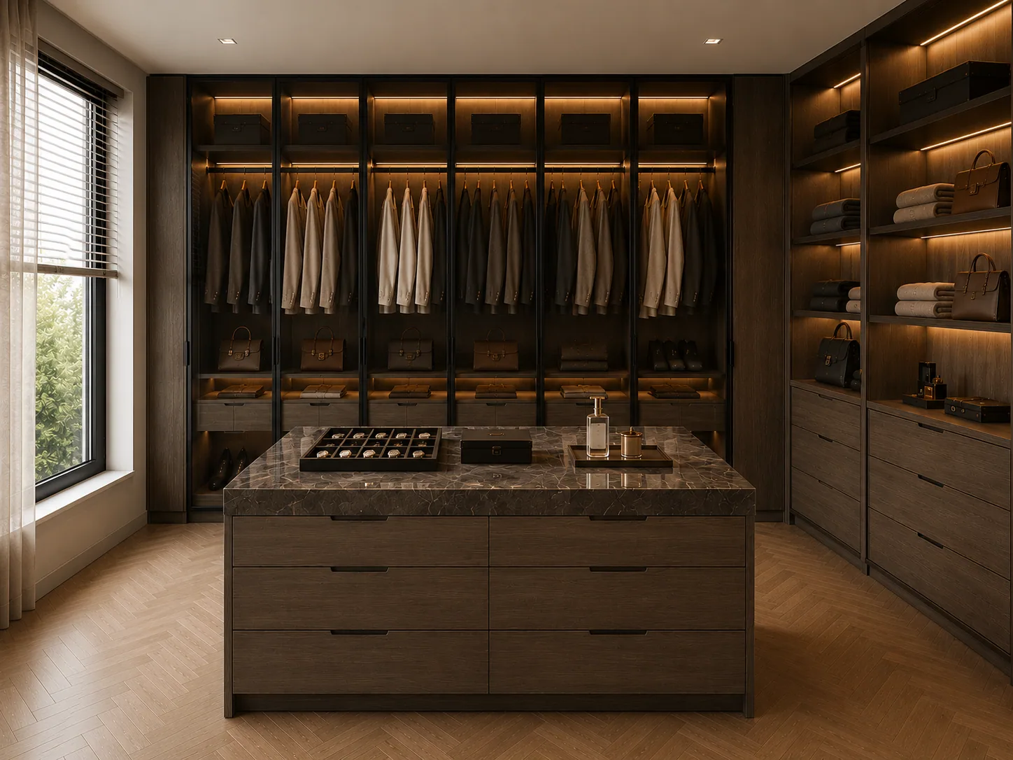 Walk-in closet with a central island and drawer banks