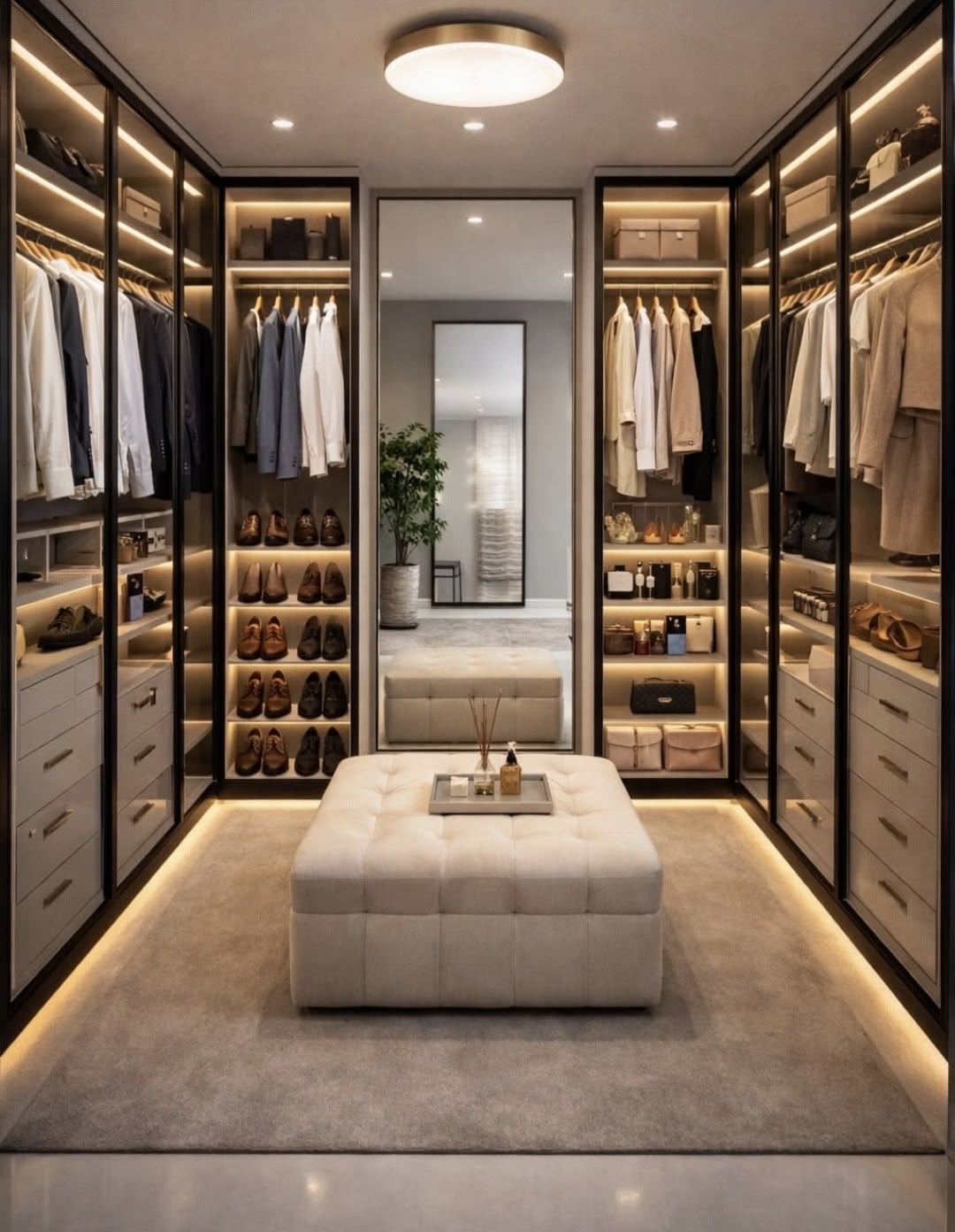 Walk-in closet with island and integrated lighting