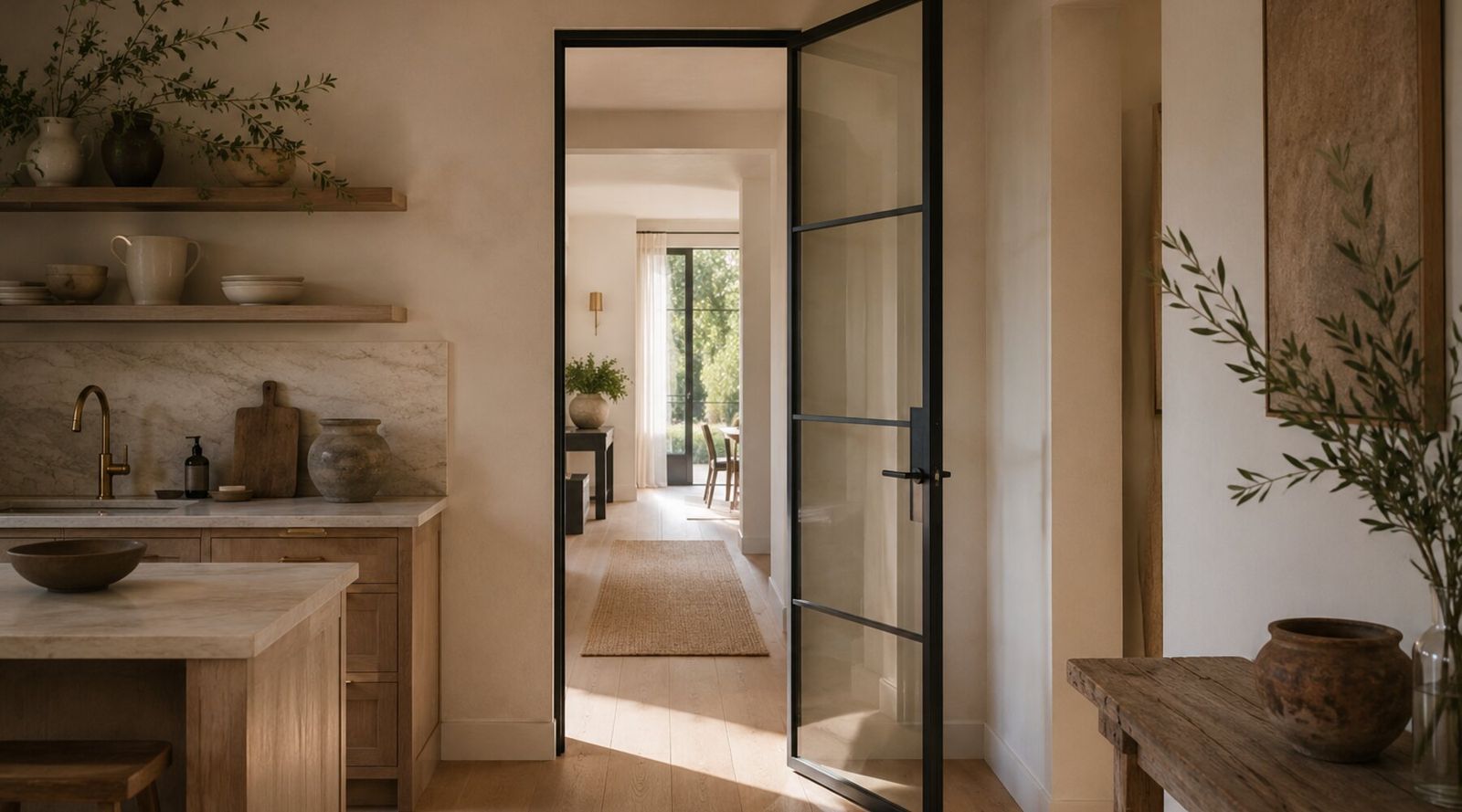 Slim aluminum-framed interior glass door dividing two daylit living spaces