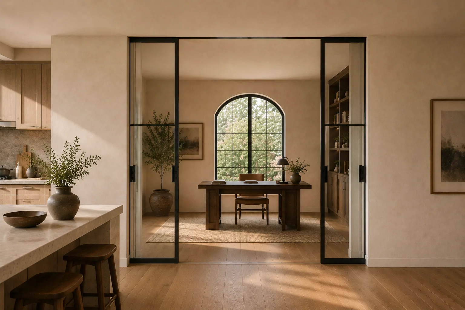Slim-framed interior metal and glass door