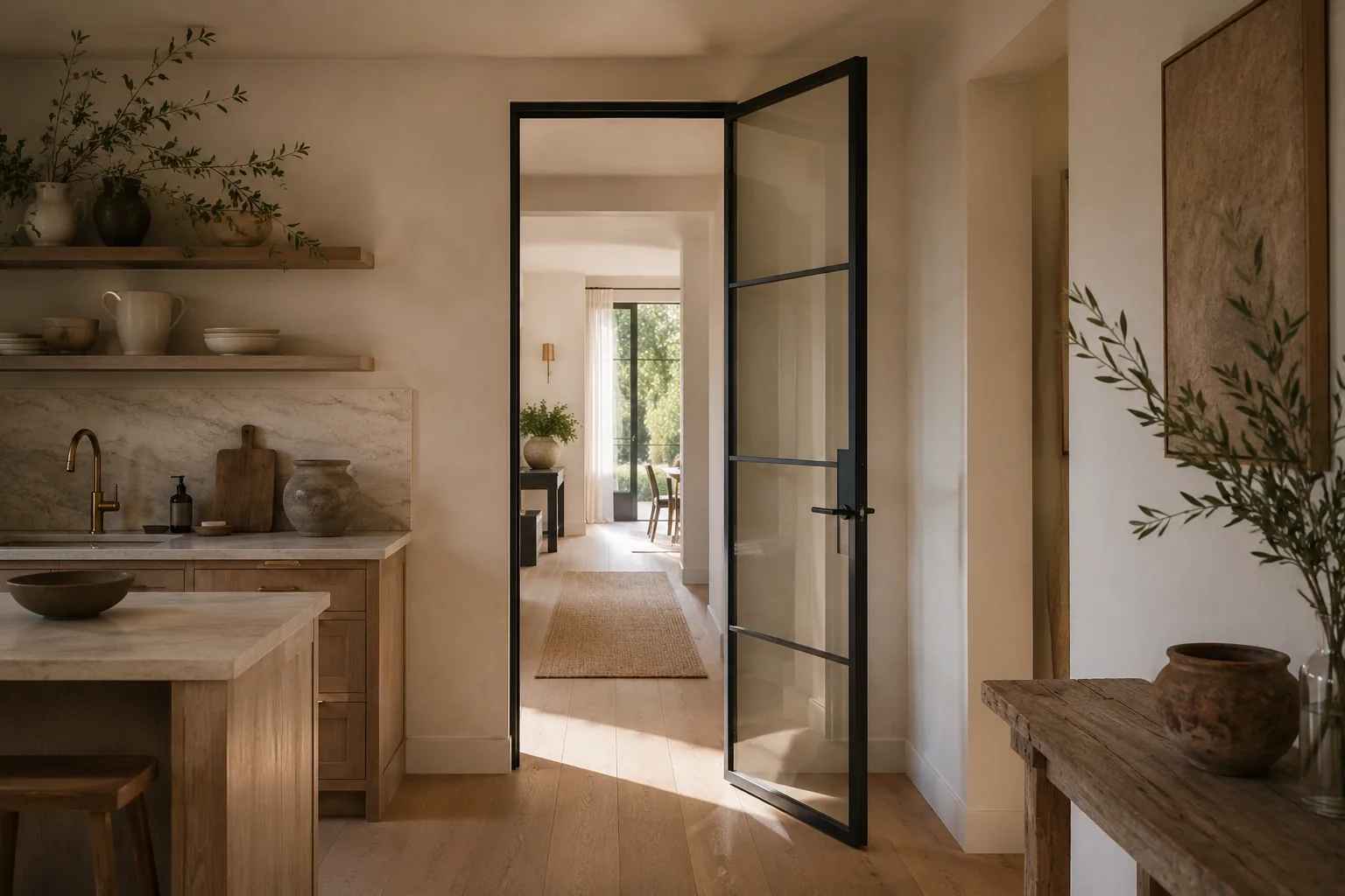 Slim-framed metal and glass interior partition