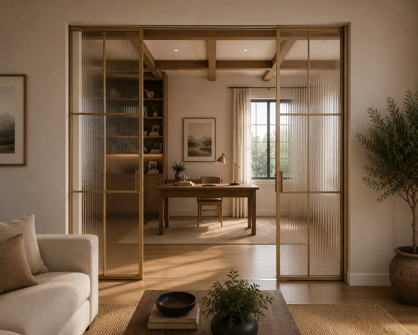 Floor-to-ceiling glass partition wall splitting an open plan into two rooms