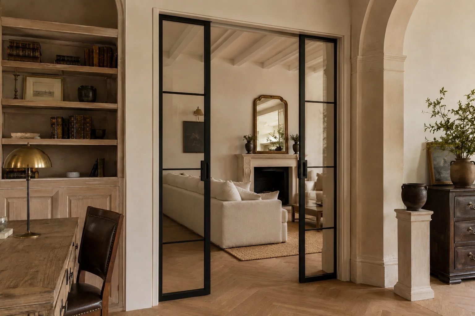 Tall interior pivot door turning on a floor pivot, brass kick plate