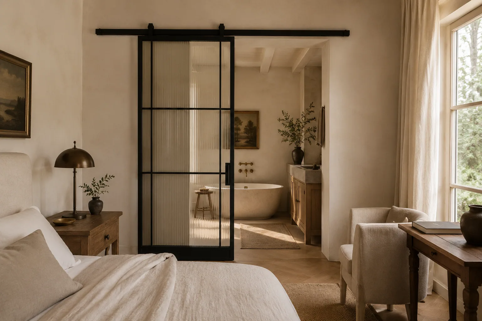 Motorized pivot door opening into a quiet limestone-tiled lobby