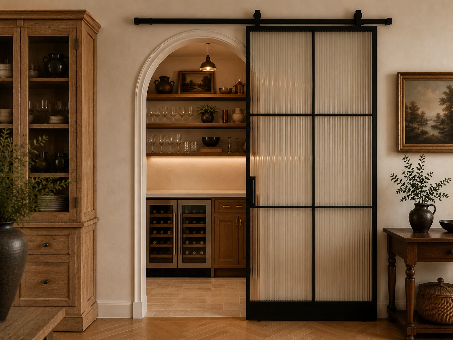Concealed wall-flush hidden door reading as continuous timber panelling