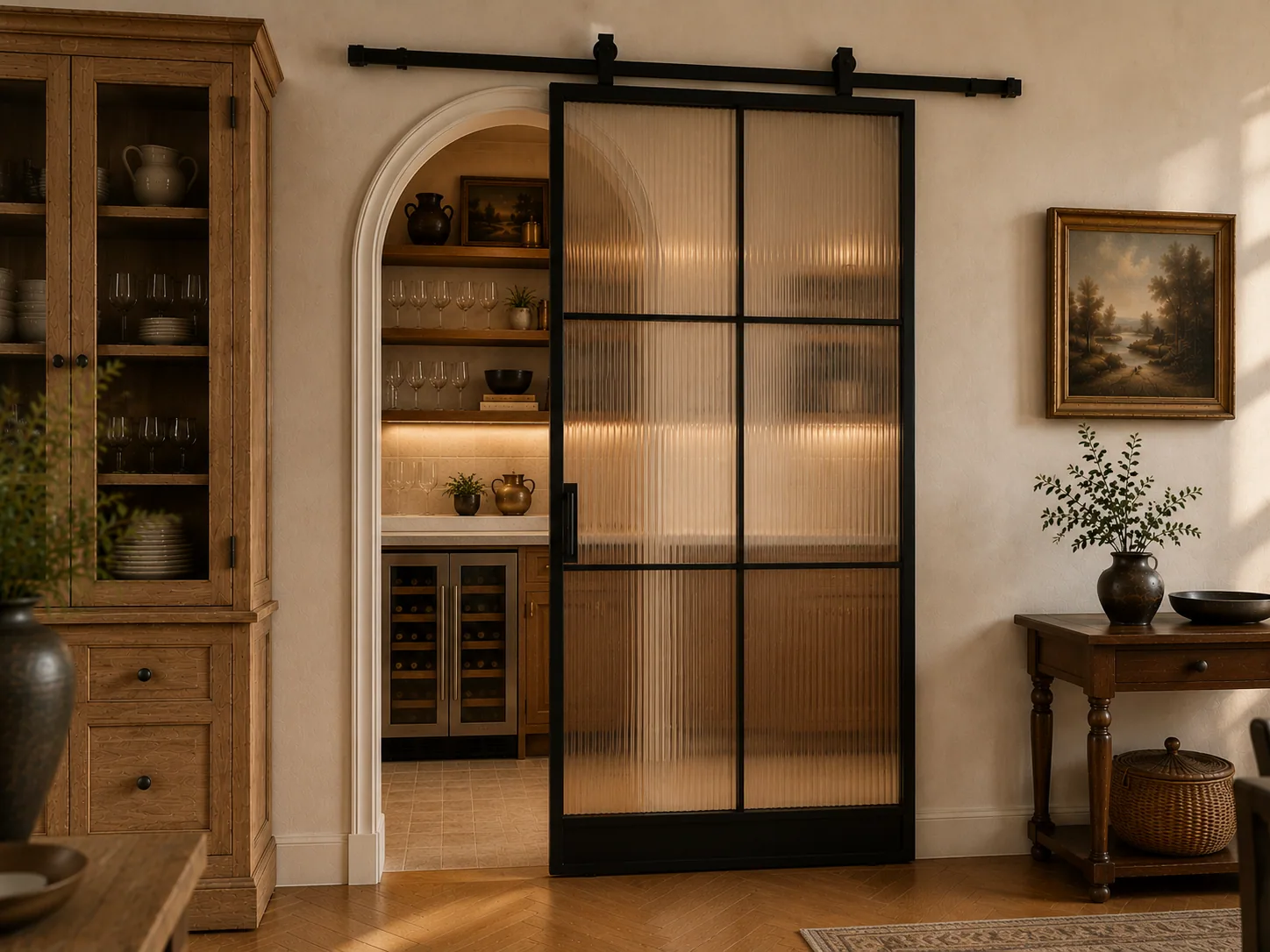 Modern aluminum glass interior door range read together in one sunlit hallway