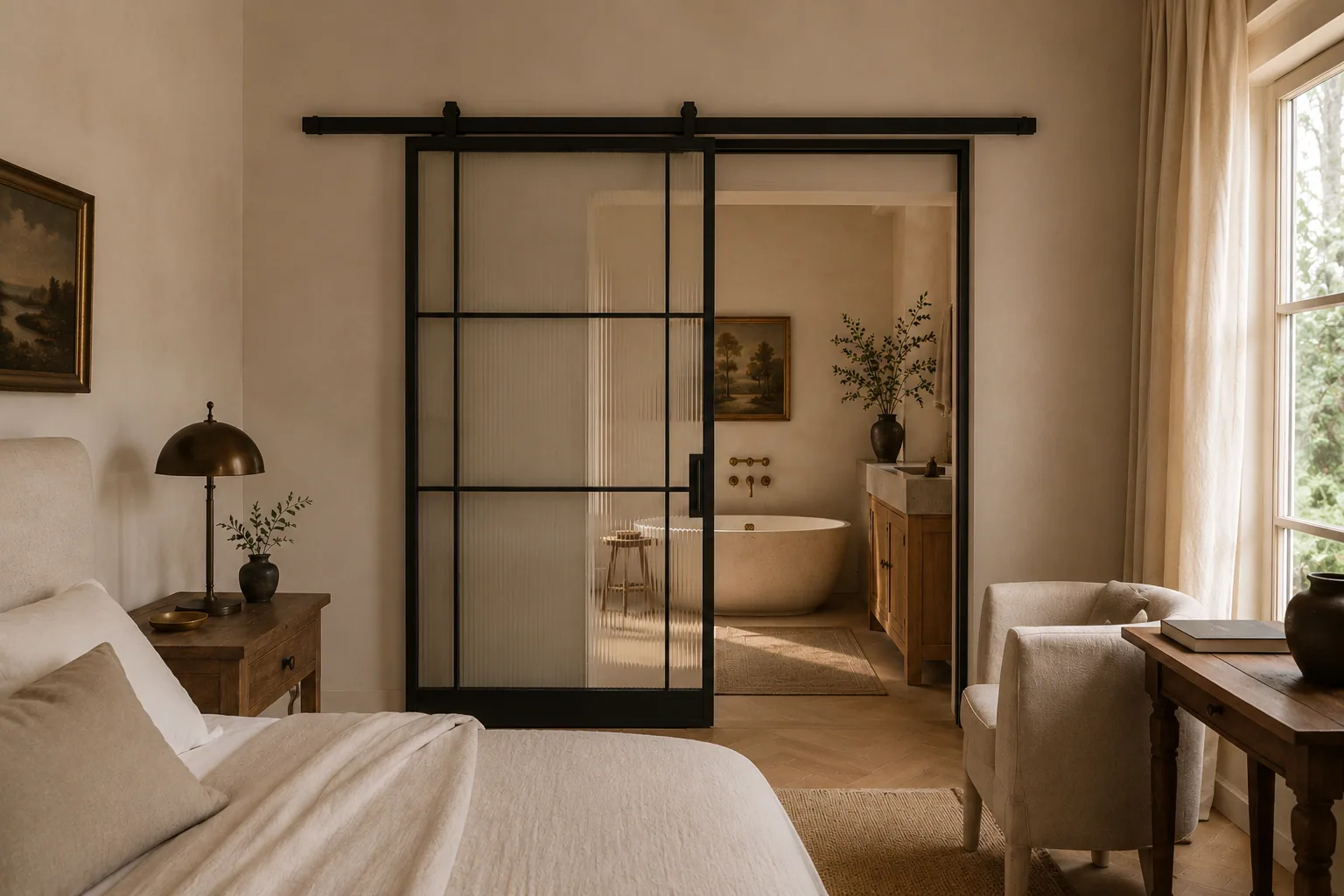 Bathroom vanity cabinetry in a stone-clad ensuite