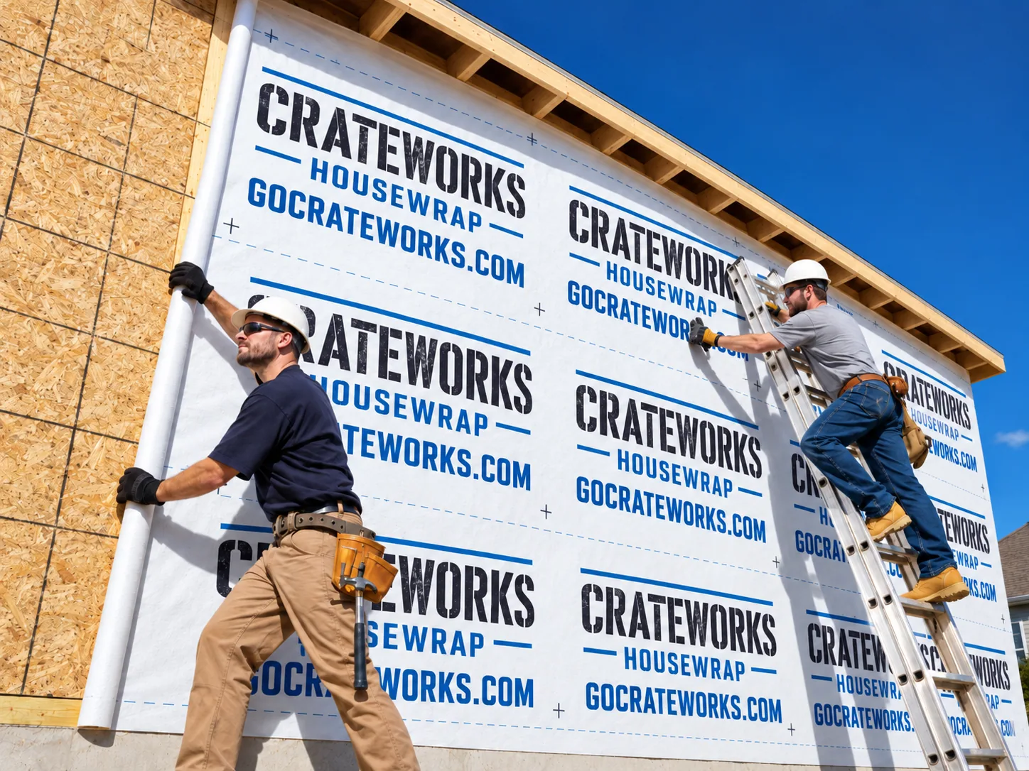 Two installers hanging Crateworks house wrap on a sheathed wall