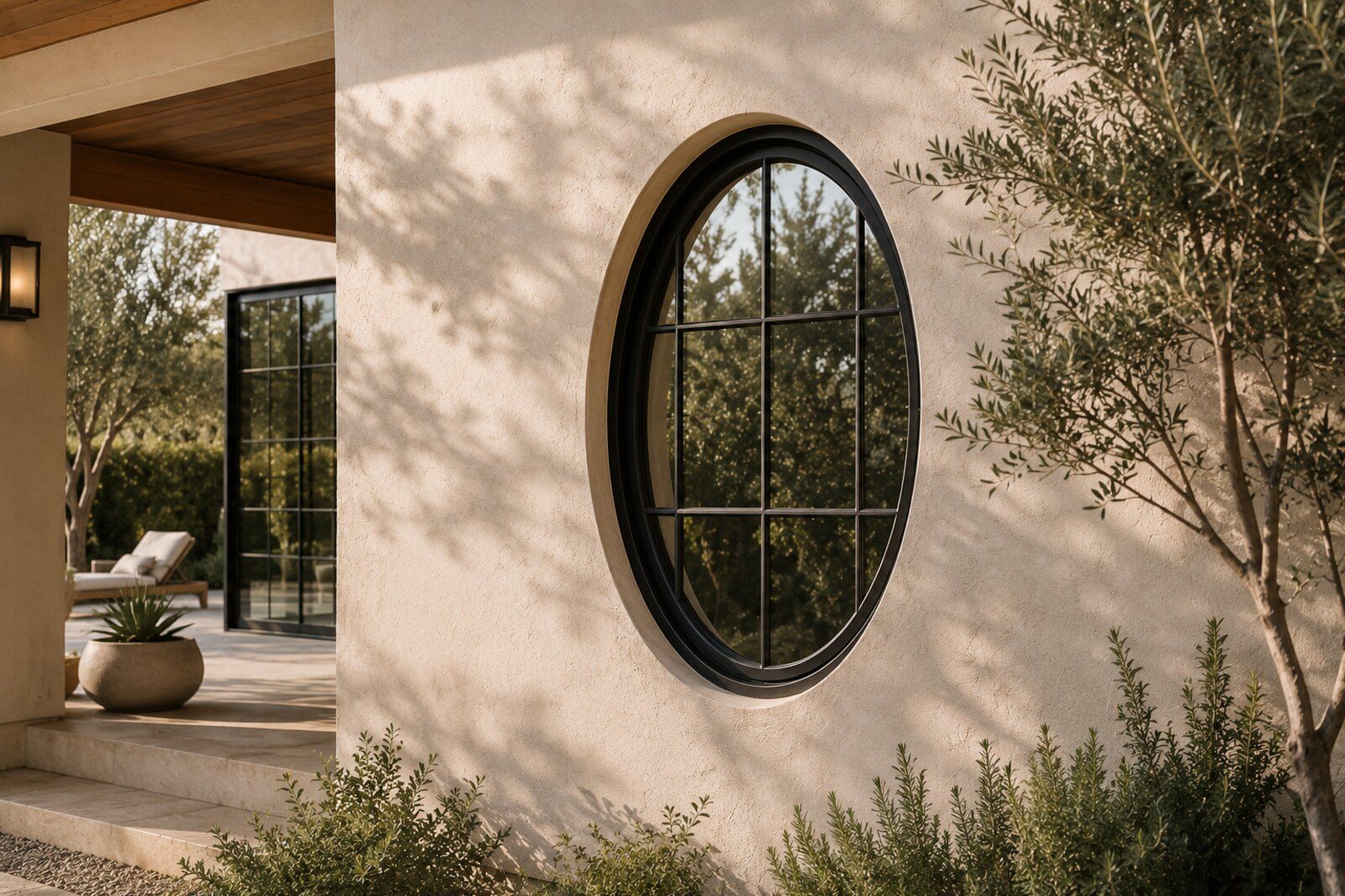 Oval specialty-shape window in a slim black aluminum frame, warm stucco wall, olive tree