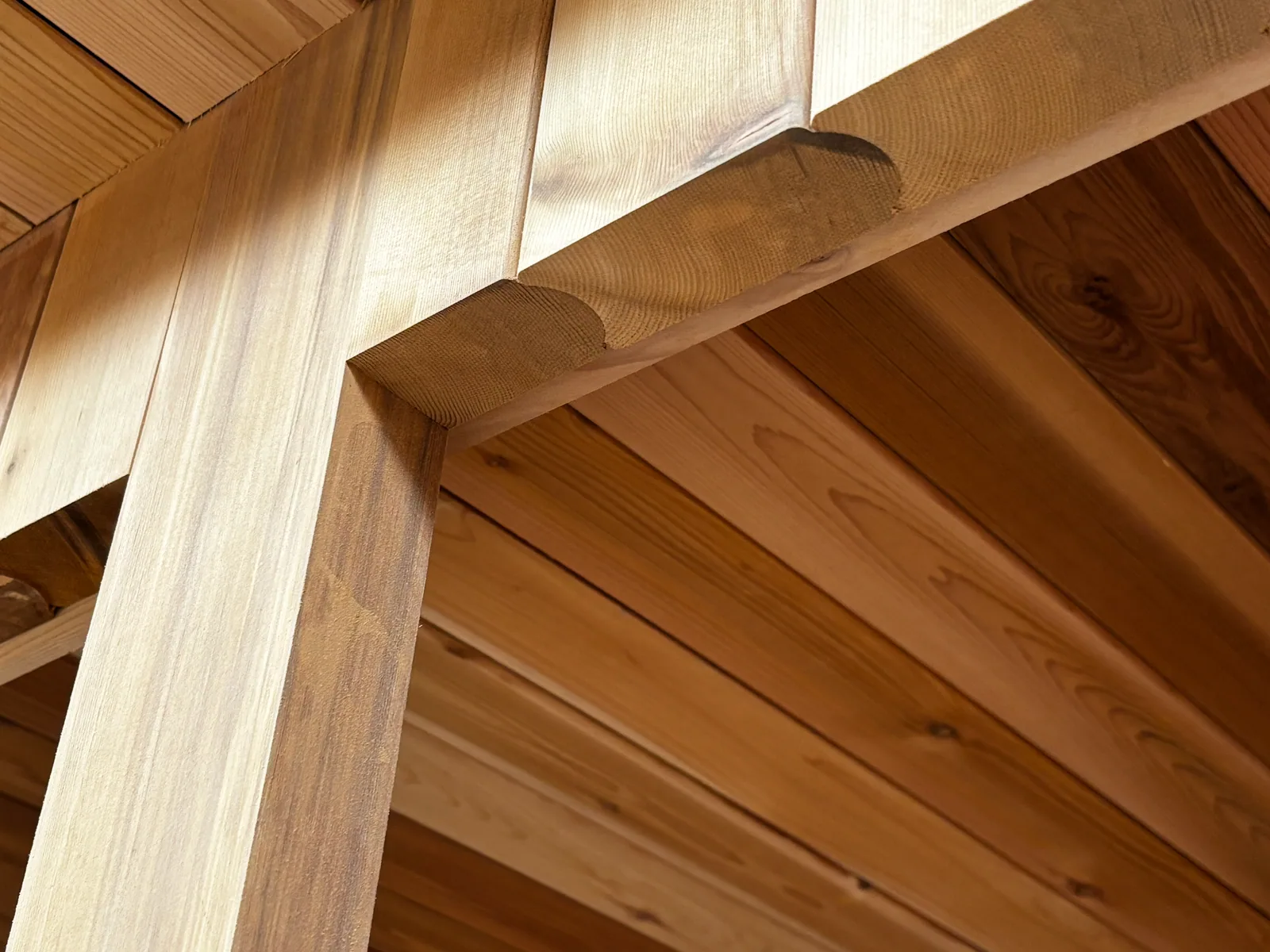 Close-up of clear cedar tongue-and-groove wall boards meeting a rounded bench frame inside a sauna