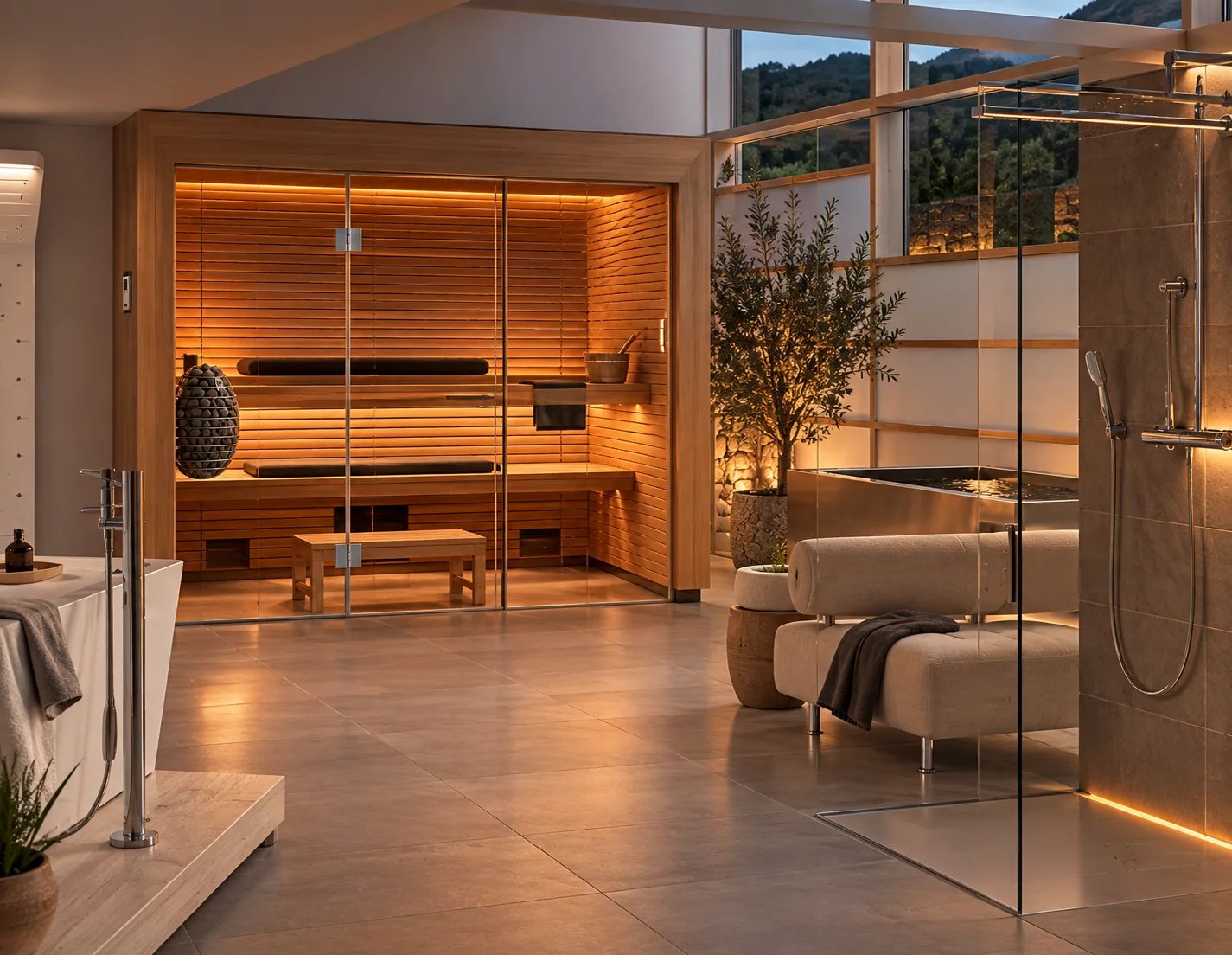 Indoor wellness room with a timber sauna behind glass and a stainless cold plunge tub in front